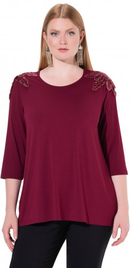 Ulla Popken Flower Epaulet 3/4 Sleeve Top Dark Cherry Red - Tiskana majica za žene - 