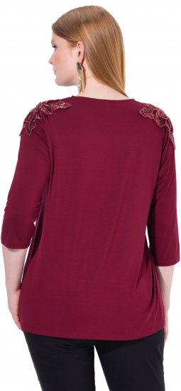 Ulla Popken Flower Epaulet 3/4 Sleeve Top Dark Cherry Red - Tiskana majica za žene - 