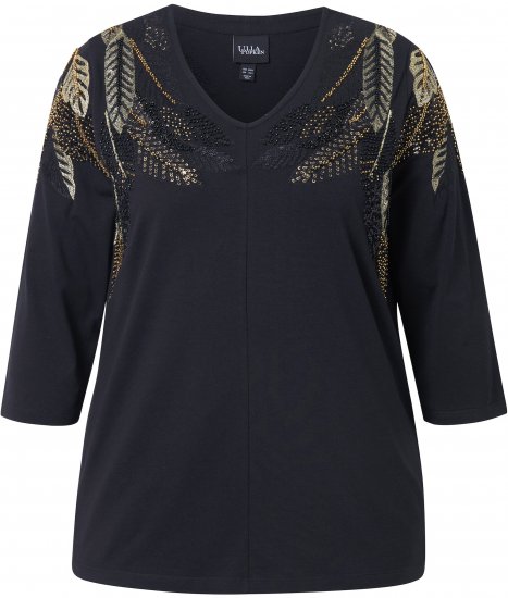 Ulla Popken Feather Beadwork 3/4 Sleeve Top Black - Tiskana majica za žene - 