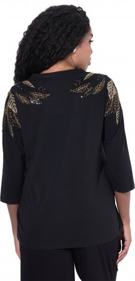 Ulla Popken Feather Beadwork 3/4 Sleeve Top Black - Tiskana majica za žene - 