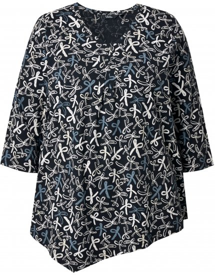 Ulla Popken Ribbon Print 3/4 Sleeve Asymmetric Tee Black - Tiskana majica za žene - 