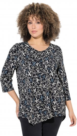 Ulla Popken Ribbon Print 3/4 Sleeve Asymmetric Tee Black - Tiskana majica za žene - 