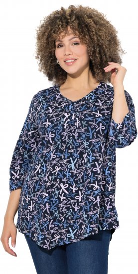 Ulla Popken Ribbon Print 3/4 Sleeve Asymmetric Tee Navy - Tiskana majica za žene - 