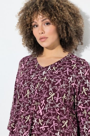 Ulla Popken Ribbon Print 3/4 Sleeve Asymmetric Tee Plum - Tiskana majica za žene - Ženske majice s printom