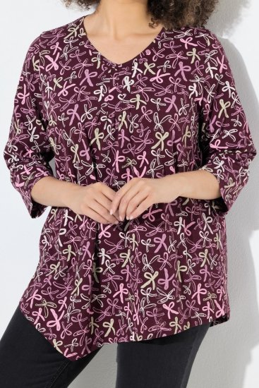 Ulla Popken Ribbon Print 3/4 Sleeve Asymmetric Tee Plum - Tiskana majica za žene - Ženske majice s printom