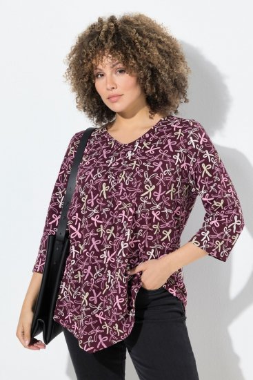 Ulla Popken Ribbon Print 3/4 Sleeve Asymmetric Tee Plum - Tiskana majica za žene - Ženske majice s printom