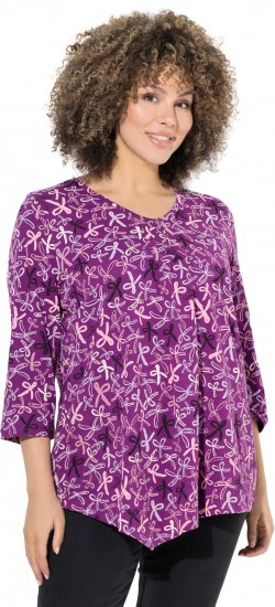Ulla Popken Ribbon Print 3/4 Sleeve Asymmetric Tee Light Plum - Tiskana majica za žene - 