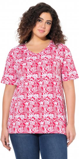 Ulla Popken Coral Reef Printed Short Sleeve V-Neck Tee Lychee - Tiskana majica za žene - 