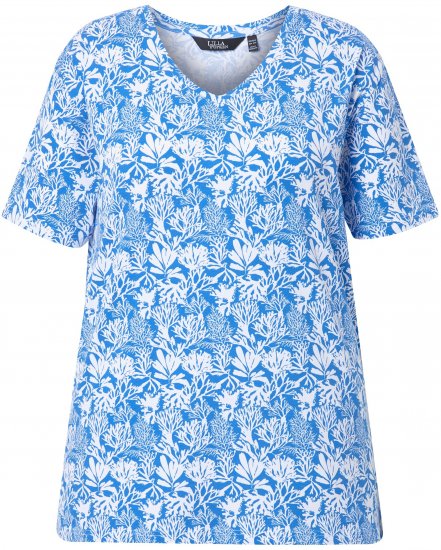 Ulla Popken Coral Reef Printed Short Sleeve V-Neck Tee Teal Blue - Tiskana majica za žene - 