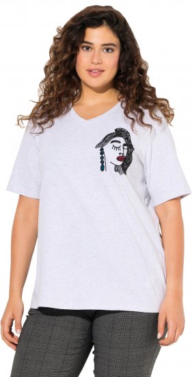 Ulla Popken Embroidered Face Motif Short Sleeve V-Neck Tee Light Grey Melange - Tiskana majica za žene - 
