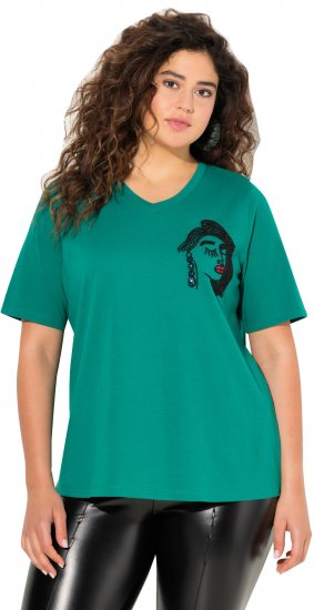 Ulla Popken Embroidered Face Motif Short Sleeve V-Neck Tee Emerald Green - Tiskana majica za žene - 