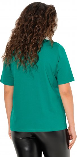 Ulla Popken Embroidered Face Motif Short Sleeve V-Neck Tee Emerald Green - Tiskana majica za žene - 