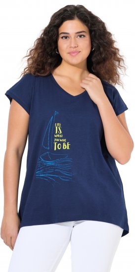 Ulla Popken Half-Sleeve A-line V-Neck Boat Pattern T-Shirt Ink Blue - Tiskana majica za žene - 
