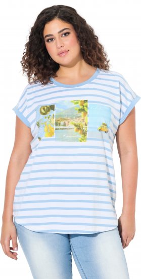 Ulla Popken Striped Short Sleeve Citrus Graphic Tee Light Blue - Tiskana majica za žene - 