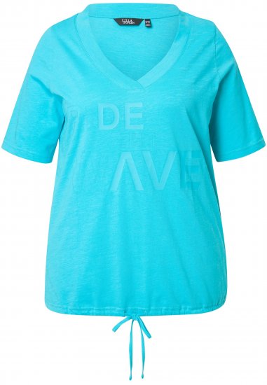 Ulla Popken Ride The Wave Short Sleeve V-Neck Graphic Tee Deep Aqua - Tiskana majica za žene - 