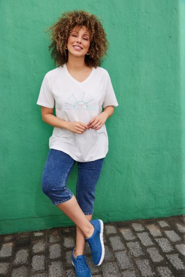 Ulla Popken Embroidered Sunrise Lettering Tee Off-White - Tiskana majica za žene - 