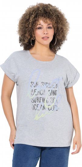 Ulla Popken Long Beach Lettering Cap Sleeve Tee Light Grey Melange - Tiskana majica za žene - 