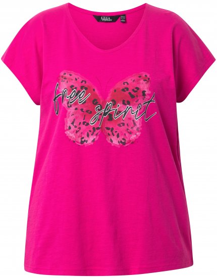 Ulla Popken Free Spirit Butterfly Cap Sleeve Graphic Tee Magenta Pink - Tiskana majica za žene - 