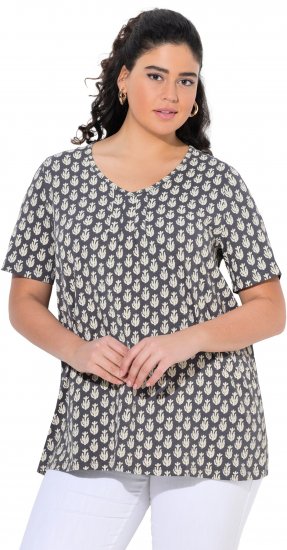 Ulla Popken Cactus Print Short Sleeve V-Neck Tee Graphite Grey - Tiskana majica za žene - 