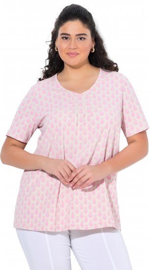 Ulla Popken Cactus Print Short Sleeve V-Neck Tee Pink - Tiskana majica za žene - 