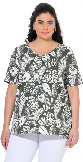 Ulla Popken Feather Print Short Sleeve V-Neck Tee Olive Grey - Tiskana majica za žene - 