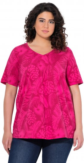 Ulla Popken Feather Print Short Sleeve V-Neck Tee Berry - Tiskana majica za žene - 