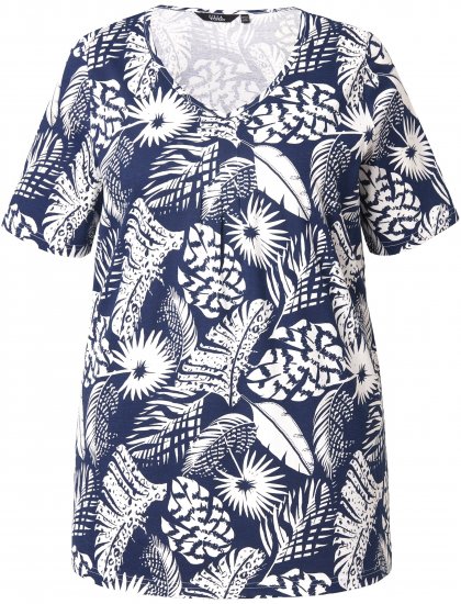 Ulla Popken Feather Print Short Sleeve V-Neck Tee Ink Blue - Tiskana majica za žene - 