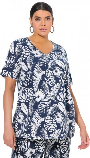 Ulla Popken Feather Print Short Sleeve V-Neck Tee Ink Blue - Tiskana majica za žene - 