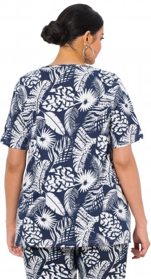Ulla Popken Feather Print Short Sleeve V-Neck Tee Ink Blue - Tiskana majica za žene - 