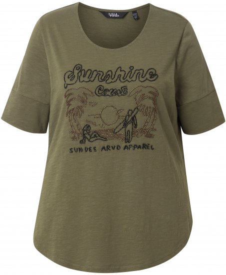 Ulla Popken Beaded Short Sleeve Graphic Tee Olive - Tiskana majica za žene - 