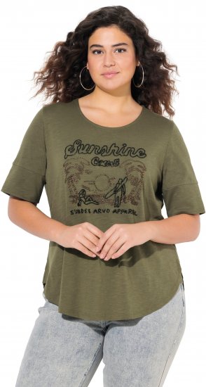 Ulla Popken Beaded Short Sleeve Graphic Tee Olive - Tiskana majica za žene - 