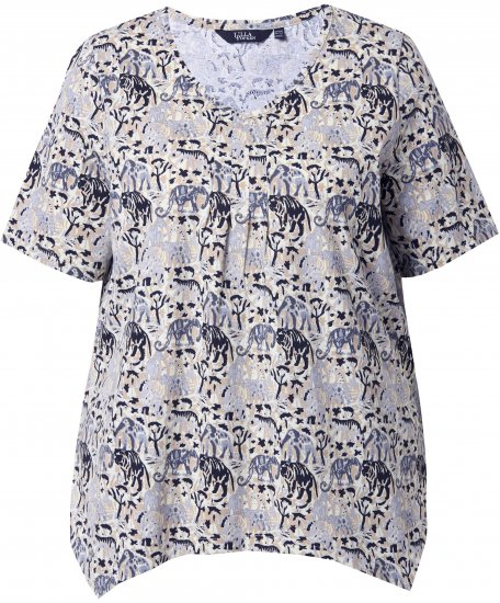 Ulla Popken Half-sleeve A-line V-neck Pointed Hem Animal Pattern T-shirt Moss - Tiskana majica za žene - 