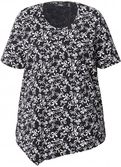 Ulla Popken Bow Print Short Sleeve Pointed Hem Tee Black - Tiskana majica za žene - 