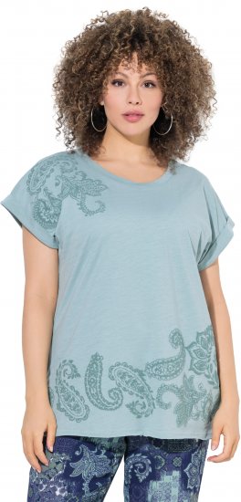 Ulla Popken Textured Paisley Motif Cap Sleeve Tee Light Moss Green - Tiskana majica za žene - 