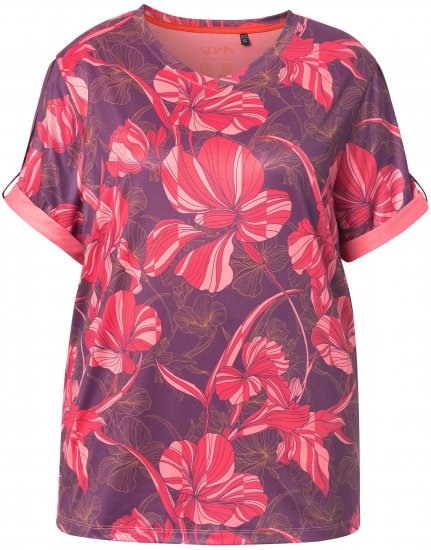 Ulla Popken Quick Drying Flower Print Short Sleeve Tee Dark Cherry - Tiskana majica za žene - 