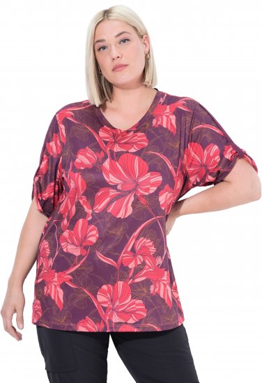 Ulla Popken Quick Drying Flower Print Short Sleeve Tee Dark Cherry - Tiskana majica za žene - 