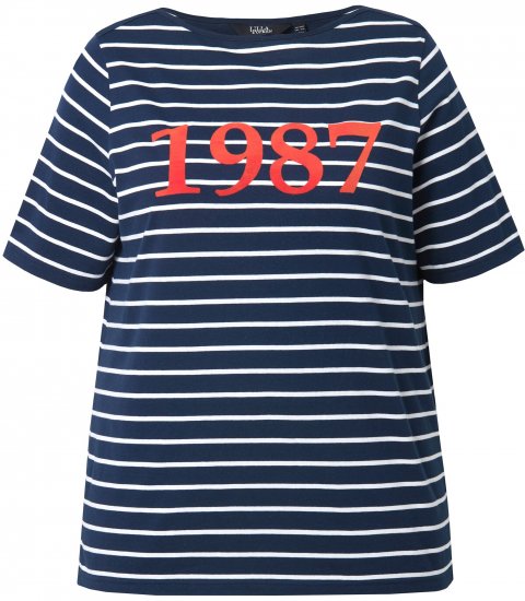 Ulla Popken Striped 1987 Boat Neck Tee Navy Blue - Tiskana majica za žene - 