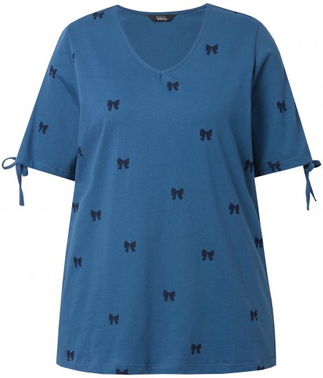 Ulla Popken Bow Print Split Sleeve Tee Indigo Denim - Tiskana majica za žene - 