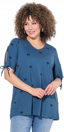 Ulla Popken Bow Print Split Sleeve Tee Indigo Denim - Tiskana majica za žene - 