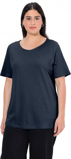 Ulla Popken Double Layer Rounded V-Neck Slim Fit Tee Navy Blue - Majice - 