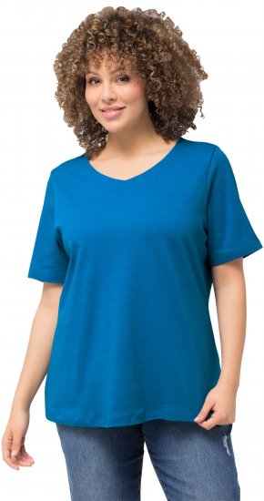 Ulla Popken Double Layer Rounded V-Neck Slim Fit Tee Medium Blue - Majice - 
