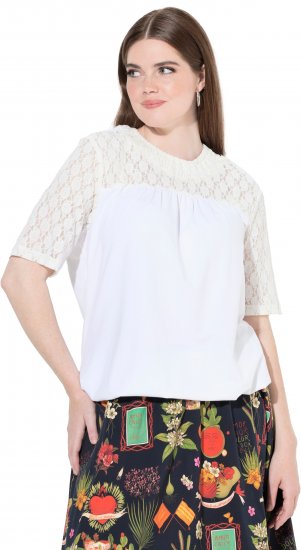 Ulla Popken Lace Yoke Short Sleeve T-Shirt Snow White - Majice - 