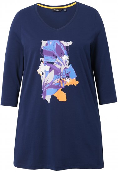 Ulla Popken Floral Motif 3/4 Sleeve Tunic Tee Ink Blue - Tiskana majica za žene - 