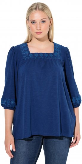 Ulla Popken Embroidered Detail 3/4 Sleeve Tee Dark Blue - Tiskana majica za žene - 