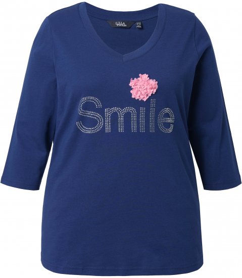 Ulla Popken Smile Rhinestone 3/4 Sleeve Graphic Tee Ink Blue - Tiskana majica za žene - 