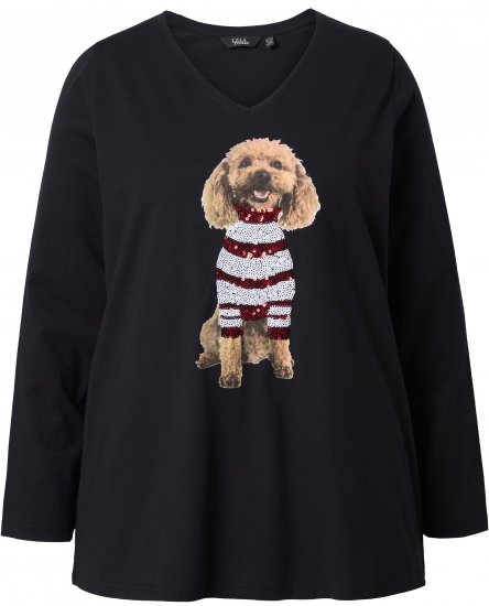 Ulla Popken Sequined Puppy Long Sleeve Graphic Tee Black - Tiskana majica za žene - 