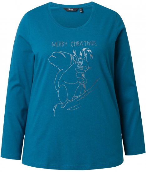 Ulla Popken Holiday Long Sleeve Graphic Tee Teal - Tiskana majica za žene - 