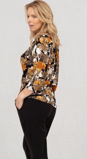 Scandinavian Caramel Flowers Blouse Orange and Brown - Tiskana majica za žene -