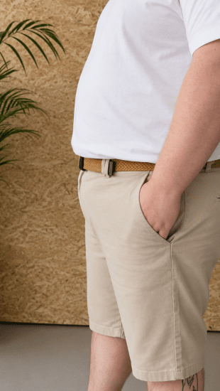 Kam Jeans 3402 Belted Dobby Weave Stretch Chino Shorts Beige - Kratke hlače - Muške Kratke Hlače Veliki Brojevi 